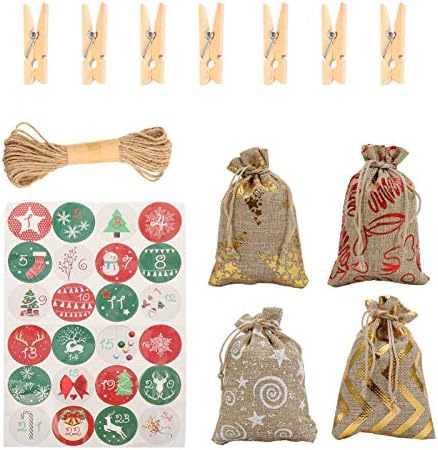 Cabilock 1 Set Božić Advent Kalendar torbe 24 dana odbrojavanje kalendar DIY Božić bombona torbe Ornament sa kopčama naljepnice 10m