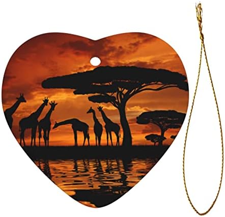 Giraffe ispod drveta u Africi Božićni keramički privjesak za srce, 2022. Popularni porodični plašt