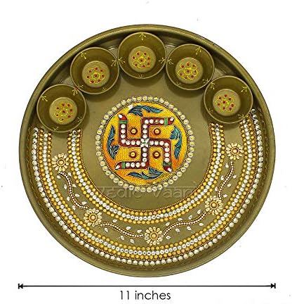 Vedic Vaani Dekorativni Svastik dizajnirao je Meenakari Crafted čelični tanjur sa posudom za Puja