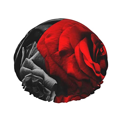 Crno bijelo i crvene ruže Ispiši slatku kapu za tuširanje, za višekratnu tuš kabine za žene duga kose, dvostruki sloj vodootporni