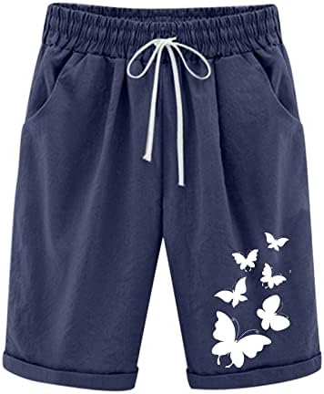 Žene pamučne posteljine Bermuda kratke hlače Ljeto casual atletske kratke hlače za struk za struk za strugu s kratkim hlačama sa džepovima