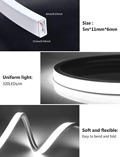 AIMENGTE LED trake, 16.4 ft zatamnjiva COB LED traka, 6500k Bijela neonska svjetla za užad, vodootporna meka silikonska fleksibilna