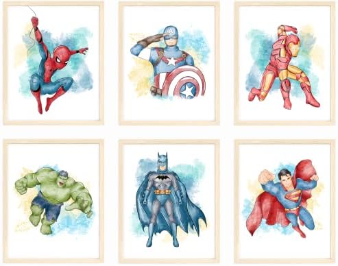 Nistio® Superherood Decor, Superheroo Wall Art za dječake, osvetnici, set od 6 otisaka, Iron Man, Spiderman, Kapetane Amerike, Hulk,