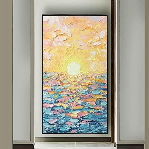 Ručno oslikana Umjetnost teksturirana uljana slika - apstraktna gusta tekstura ulja za bojenje nožem Seascape Sunrise vertikalni zid