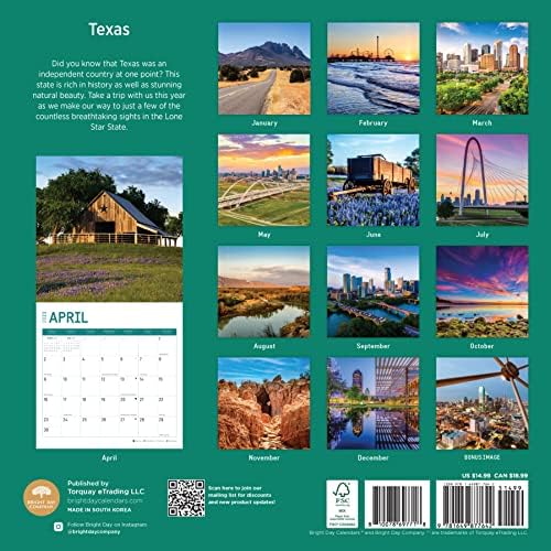 2023 TEXAS Zidni kalendar od vedrog dana, 12x12 inča, prekrasan scenic Dallas USA fotografija