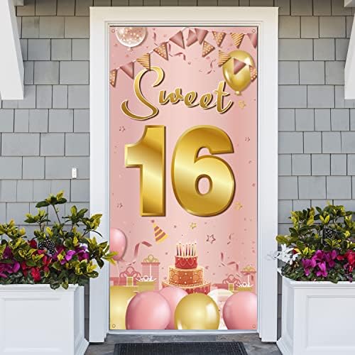 Slatki 16 rođendanski ukrasi vrata Banner pozadina, Happy 16th birthday dekoracije za djevojčice, Pink Gold Sweet Sixteen Decoration