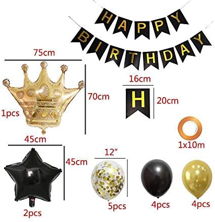 Rođendanska zabava Kit - Banner za sretan rođendan, zlatni kruni balon zlatni i crnim lateks baloni, savršena zabava