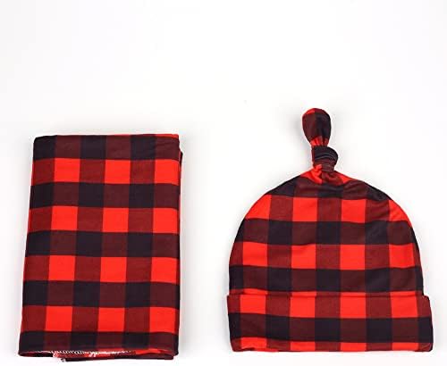 ZOONAI Crveno-Crni karirani pokrivač za povijanje beba novorođenče prima pokrivač za dojenčad, omot za spavanje sa šeširom