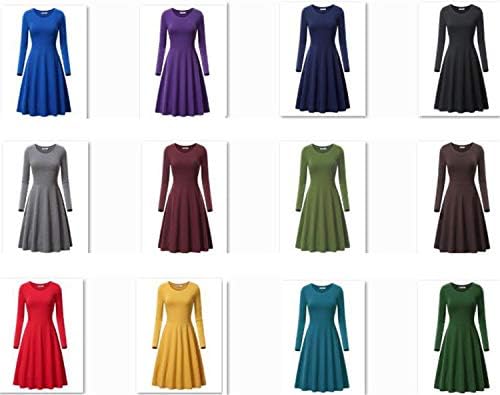 Andongnywell Ženska puna boja okrugla vrat dugih rukava Labava haljina plutala labava ljuljačka casual midi haljine