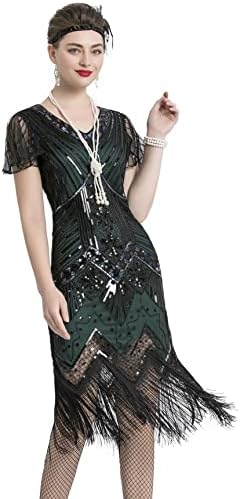 Fundaisy Womenter Halter V-izrez Sequins Tassel 1920S Flapper inspirirana Party Dance haljina sa 20-ima Gatsby dodatna oprema