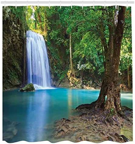 Ambesonne Woodland tuš za tuširanje, vodopad Azija Tajland Drvogopske biljke Drveće turistička atrakcija, tkanina Tkanina Kupaonica