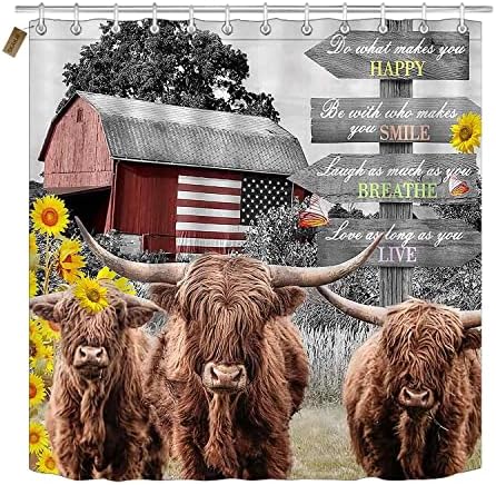 Skailié 4pcs Highland Cow tuš sa zavjesom, suncokret Američka zastava Barn Motivacijski citati goveda Bull Farm Countije Država Rustikalna