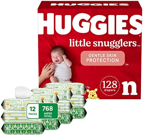 Baby pelene i maramice Bundle: Huggies Little Snugglers veličina za novorođenčad, 128ct & maramice za dječje pelene osjetljive na