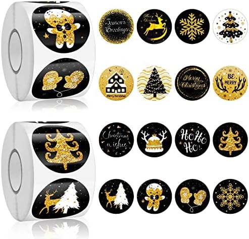 1000kom Božić naljepnice nalepnice Kalolary 16 Patterns Adhesive Round Christmas Tags Black Gold Božić dekorativna koverta Seals naljepnica