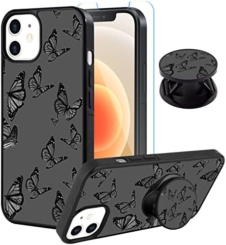 Sakuulo iPhone 12 Pro Max Case, [Zaštitni ekran + Kickstand] Crni leptir Dizajn, guma Teksture protiv klizanja udarna lagana tanka