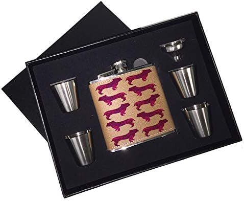 Sunshine Cases-engleski buldog Hot Pink obrazac 6 oz. Liquor Hip tikvica crna kutija poklon Set uklj. Čokanjima & lijevak