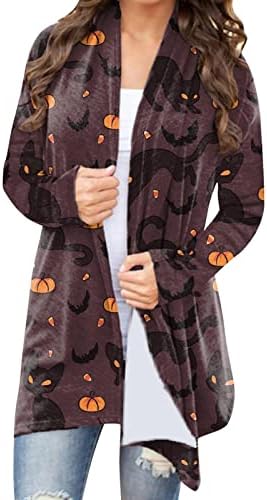 Hariumiu Halloween ženski kaput kardigan za ispis prozračnih dugih rukava midi duljina zastrašujuga ležerna crtana bundeva bat tiskanje