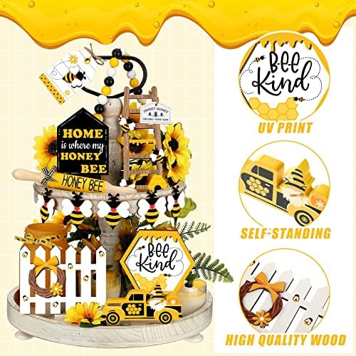 20 kom ljetni medonosni pladanj na više nivoa Decor Set Bumble Bee drveni znakovi Gnome Žuti kamion Honey Table Top Decor Spring Summer