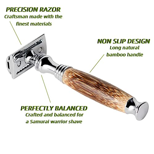 Grandslam sigurnosni brijač s dvostrukom oštricom + 10 oštrica sigurnosni brijač s ručno izrađenom dugom prirodnom bambusovom ručkom