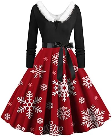 Party maturske haljine za žene Vintage Božić Rockabilly Swing koktel haljina krzneni V izrez Santa Claus print haljine