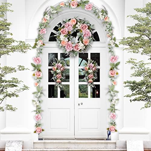 Valery Madelyn 18 inčni opružni cvjetni vijenci za ulazna vrata sa 3 kom. Viljuškari, veštački cvjetni vijenac sa ružom božura za