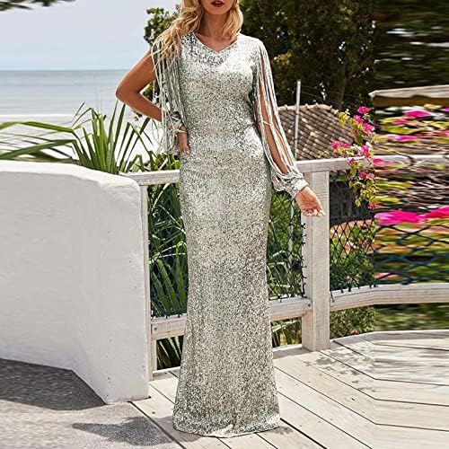 Duge haljine sa šljokicama za žene sa resama rukav V-izrez Mermaid Bodycon haljina elegantna Svečana večernja haljina za koktel zabavu