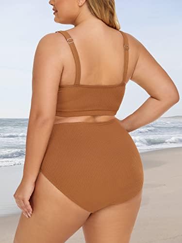 Summer Mae Plus Size Ženski Rebrasti Bikini Set Dvodijelni Kupaći Kostim Visokog Struka Scoop Gornji Kupaći Kostim Za Kontrolu Stomaka