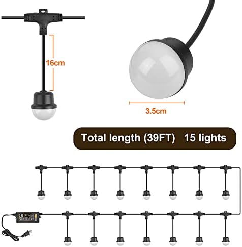 Žičana svjetla, 39FT otporna na lomljenje LED žičana svjetla za terasu sa 15 sijalica, žičana svjetla za vanjsku promjenu 4 načina