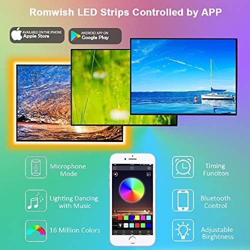 TV LED pozadinsko osvjetljenje 9.8 FT, Romwish LED trake sa Bluetooth kontrolom aplikacije za TV od 40-60 inča, 16 miliona boja, promjena