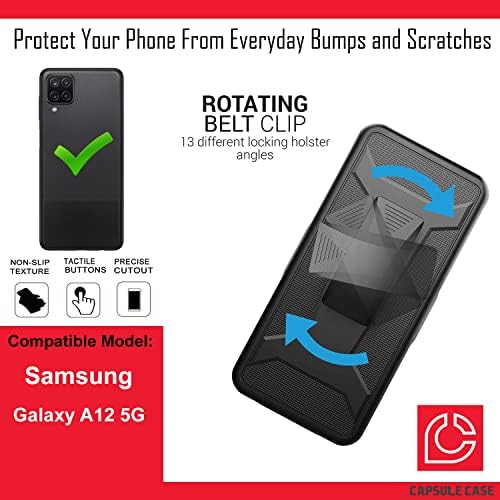 Capsule Case kompatibilan za Galaxy A12 [Vojni razreda Shootroot otporan na teške cepke Chickstand Clip Holster Hybrid Crna futrola