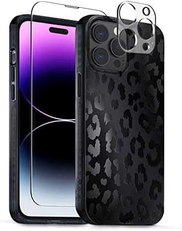 Scorpify iPhone 14 Pro Max CASE za crni leopard dizajn, slatka navlaka za udarce za žene za žene djevojke, sa kaljenim staklenim zaslonom