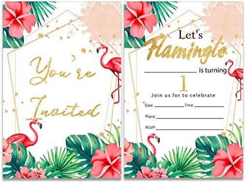 Flamingo Pozivnice prvog rođendana popunjavanje 20 sa kovertama Tropical Flamingle 1. rođendan Djevojke za zabavu poziva kartice, dvostrano
