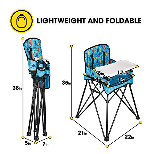 VEEYOO Baby visoka stolica sa uklonjivim ležištem - prenosiva visoka stolica za jelo i hranjenje, unutrašnja i vanjska, kompaktni preklop, plavi Print dinosaurusa