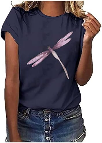 Comfy kratki rukav Dragonfly Print majica za žene Modni trendi okrugli vrat Ležerne prilike