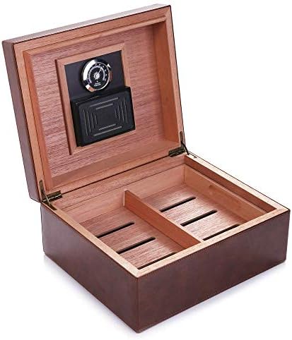MEGACRA Desktop Cigar Humidor, kedar & amp; koža Cigar kutija i pečat dizajn sa ladicom i podesivim šestar, staklo higrometar i pravougaonik ovlaživač, drži 25-75 cigare