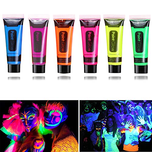 Fusang Glow in The Dark Face Body Paint,periva neonska boja za tijelo, crna svijetla šminka za lice za zabavu Halloween Božić Cosplay Masquerade itd 0.48 Oz Set od 6 cijevi