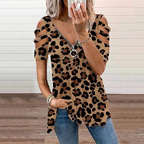 Ljetni vrhovi za žensko-vrat patentni patentni pauze Leopard izdubili su kratki rukav hladni ramena majica za bluze za bluzu ženskih