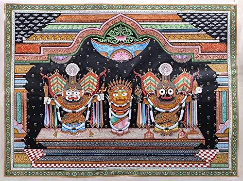 Egzotična Indija Jagannath-Subhada-Baalabhadra u Padma Shringar - slika u boji vode na Tussar svili - narodna umjetnost amo