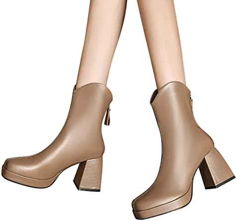 Čizme za žene sa petom Žene srednje dobro čizme Komforna i modna jesen i zimska puna boja sa kvadratnom petom patentne kožne kaubojske