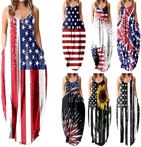 4. jula Maxi haljine za žene Casual Summer Boho Dress američka zastava Scoop vrat Cami Patriotski sarafan bez rukava
