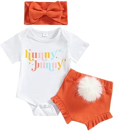 Lin & Babay Newborn Baby Girl Uskrsni odjeća Hunny Bunny kratki rukav Rokper + rufff Hots + Traka za glavu 3 kom Uskrsna odjeća
