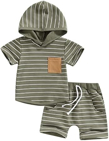 TODDLER Baby Boy Ljetna odjeća Dugačka ispis Pocket Dukseri kapuljača Elastična kratke hlače Slatka sednica Newborn Outfit Set