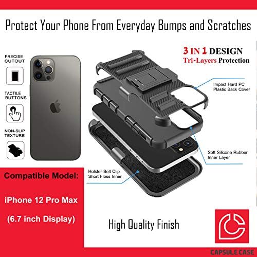 Ohiya Case kompatibilan sa iPhone 12 Pro Max [Vojni razred zaštićene u šok otporni na teške dužnosti Chickstand Holster zaštitni crni