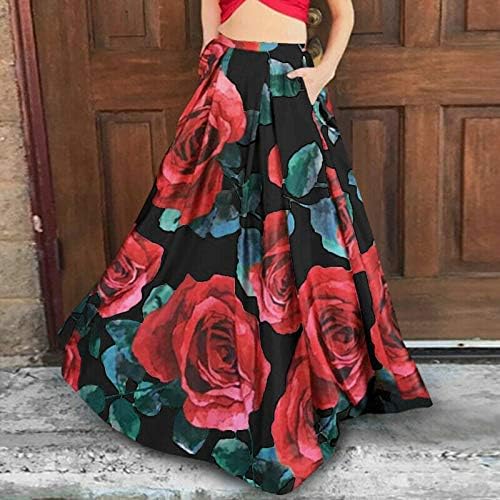 Vintage Floral Boho Maxi suknje za žene Ljetne casual Flowy suknje s džepovima High Squik Swiered Fillid A-line suknje