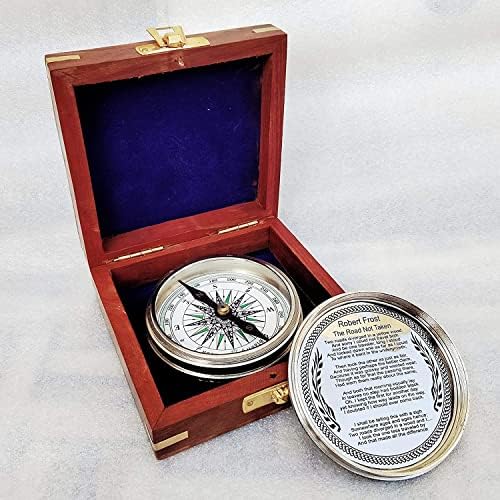 Nickel Finish Poem Compass mesing sa pristojnom drvenom kutijom starinski nautički kompas Poklon za voljene osobe Kolekcionarni predmet