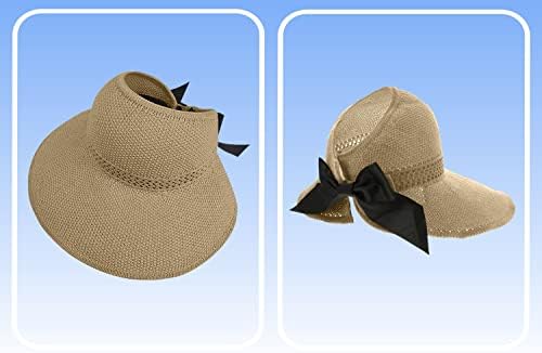 Slamna sunčanica za žene, široki podružnica UPF 50+ zaštitni šešir za plažu, podesiv, valjajte sklopivi poklopac konj s kaišem za