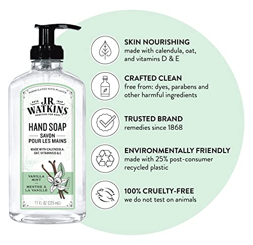J. R. Watkins gel sapun za ruke sa dozatorom, hidratantno pranje ruku, potpuno prirodno, bez alkohola, bez okrutnosti, proizvedeno