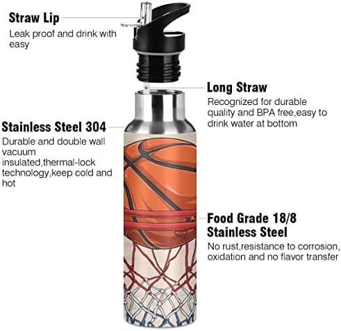 Glahy košarka sportska boca sa vodom sa slamnim poklopcem, BPA-bez, 32 oz vode za vodu izolirani nehrđajući čelik, za školu, ured,