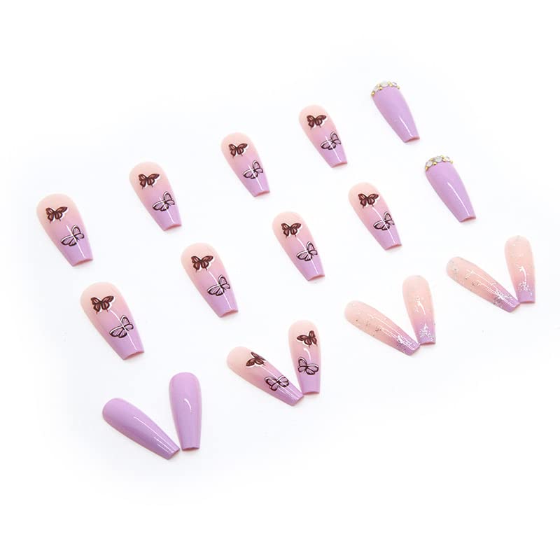 DOUBNINE Press on na noktima srednji kovčeg Pink Butterfly Ombre Glitter Francuska balerina lažni nokti sa dizajnom manikura presa