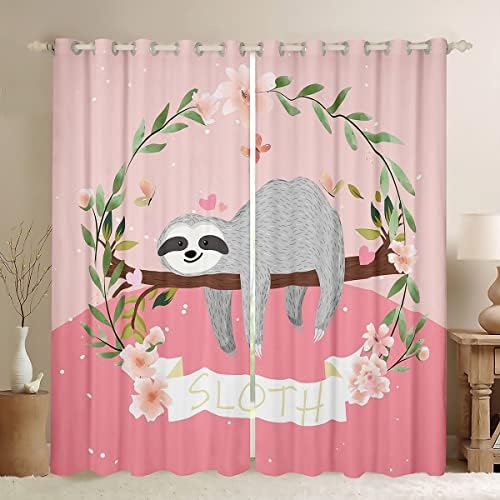 FEELYOOOOO Cartoon Sloth zavjese Cvjetni lenjosti ružičasti prozori za djecu Dječji dječaci Djevojke Cvijeće Prozor Sloth Prozor za